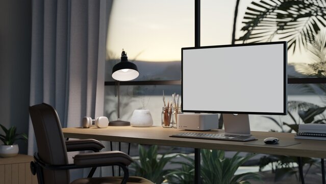 Modern contemporary home office with computer mockup against the window with tropical plants