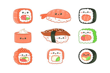 Various kawaii sushi and rolls. Cartoon characters