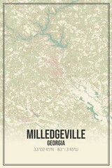 Retro US city map of Milledgeville, Georgia. Vintage street map.