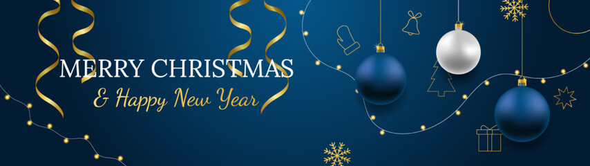 Fototapeta na wymiar Merry Christmas and Happy New Year vector banner. Realistic rose gold and blue baubles, snowflakes hanging on dark blue background with realistic garland and confetti. Background gold Christmas icon