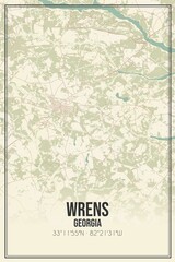 Retro US city map of Wrens, Georgia. Vintage street map.