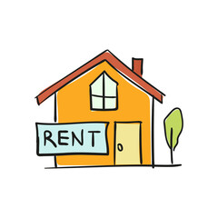 Vector icon of house with sign for rent. Real estate agency concept in childish cartoon style.