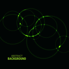 Green glowing overlapping circle on black background. Glittering texture. Vector illustration with sparks in motion. Futuristic techno design.