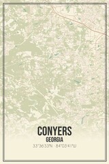 Retro US city map of Conyers, Georgia. Vintage street map.