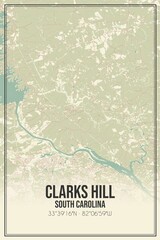 Retro US city map of Clarks Hill, South Carolina. Vintage street map.