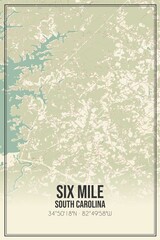 Retro US city map of Six Mile, South Carolina. Vintage street map.