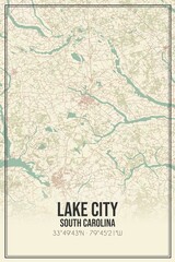 Retro US city map of Lake City, South Carolina. Vintage street map.