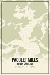 Retro US city map of Pacolet Mills, South Carolina. Vintage street map.