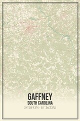 Retro US city map of Gaffney, South Carolina. Vintage street map.