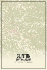 Retro US city map of Clinton, South Carolina. Vintage street map.