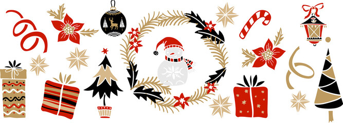 Christmas, Holiday, New year pattern. Snowman, Christmas ball. tree, flowers. Red, black, white colours.