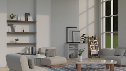 Minimalist white home living room with comfy couch, coffee table, built-in shelves, home decor