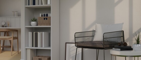 Minimal Scandinavian home living room with stylish armchair, side table, shelf with decor