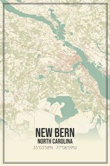 Retro US city map of New Bern, North Carolina. Vintage street map.