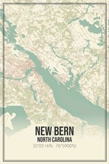 Retro US city map of New Bern, North Carolina. Vintage street map.