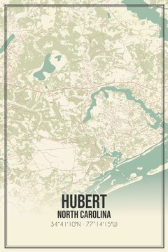 Retro US city map of Hubert, North Carolina. Vintage street map.