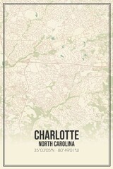 Retro US city map of Charlotte, North Carolina. Vintage street map.