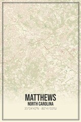 Retro US city map of Matthews, North Carolina. Vintage street map.