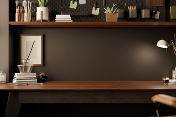 Modern stylish black office desk workspace with accessories and copy space on wood table