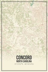 Retro US city map of Concord, North Carolina. Vintage street map.