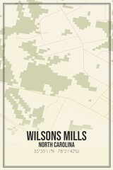 Retro US city map of Wilsons Mills, North Carolina. Vintage street map.