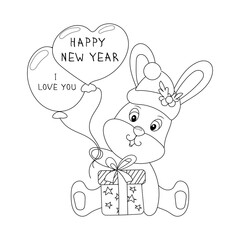 Cute Christmas bunny with balloons and gift. Hand-drawn illustration for coloring book. Vector illustration of black and white sketch.