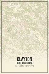 Retro US city map of Clayton, North Carolina. Vintage street map.