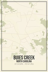 Fototapeta na wymiar Retro US city map of Buies Creek, North Carolina. Vintage street map.