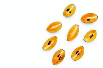 Fresh sapodilla fruit on white background