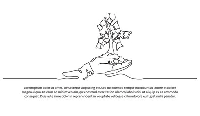 Simple continuous line design of money tree. The concept of investment, business development and profit growth. Decorative elements drawn on a white background.