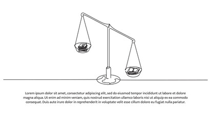 Simple continuous line design of money scales. The value of the dollar is getting stronger compared to other currencies. Decorative elements drawn on a white background.