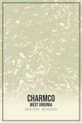 Retro US city map of Charmco, West Virginia. Vintage street map.
