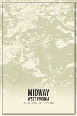 Retro US city map of Midway, West Virginia. Vintage street map.