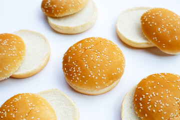 Hamburger buns with sesame on white background.