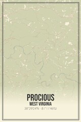 Retro US city map of Procious, West Virginia. Vintage street map.