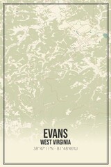 Retro US city map of Evans, West Virginia. Vintage street map.