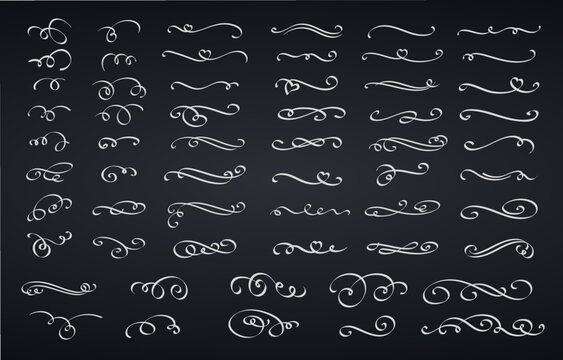 Swashes and swirls dividers line icons set vector illustration. Handwriting flourish elegant scrolls and ornate borders with victorian filigree, retro frame with swirl vignette tails for accent