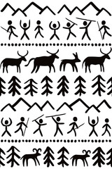 Prehostoric cave paintings art vector seamless pattern with people, animals, mountains and tress, primitive design inspired by stone drawings 
