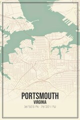 Retro US city map of Portsmouth, Virginia. Vintage street map.