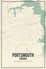 Retro US city map of Portsmouth, Virginia. Vintage street map.