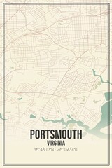 Retro US city map of Portsmouth, Virginia. Vintage street map.