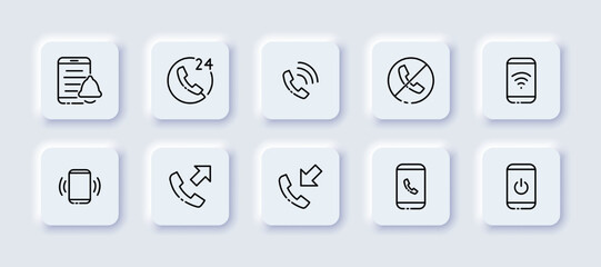 Business contacts set icon. Phone, notification, message, bell, 24 7, strikethrough phone, wifi, outgoing call, incoming, power button. Communication concept. Neomorphism style. Vector line icon