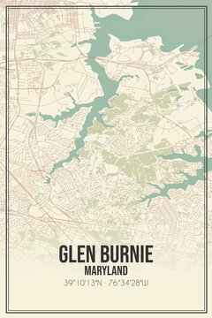 Retro US City Map Of Glen Burnie, Maryland. Vintage Street Map.