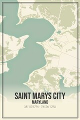 Retro US city map of Saint Marys City, Maryland. Vintage street map.