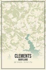 Retro US city map of Clements, Maryland. Vintage street map.