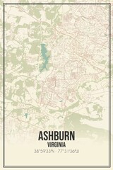 Retro US city map of Ashburn, Virginia. Vintage street map.