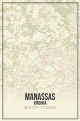 Retro US city map of Manassas, Virginia. Vintage street map.