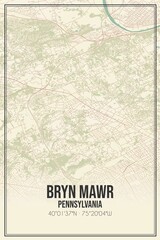 Retro US city map of Bryn Mawr, Pennsylvania. Vintage street map.