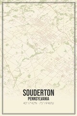 Retro US city map of Souderton, Pennsylvania. Vintage street map.