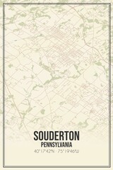 Retro US city map of Souderton, Pennsylvania. Vintage street map.